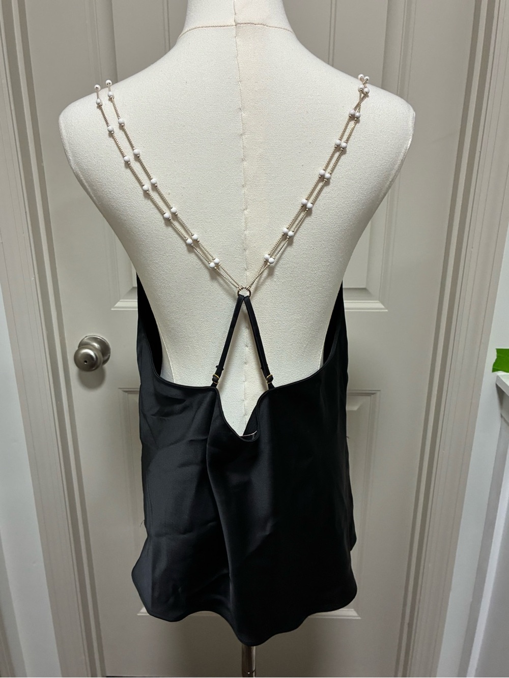 Victoria's Secret Black Satin Backless Slip with Pearl-Strap Detail